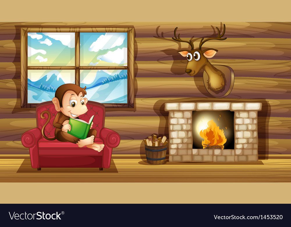 A monkey reading at the chair near fireplace Vector Image