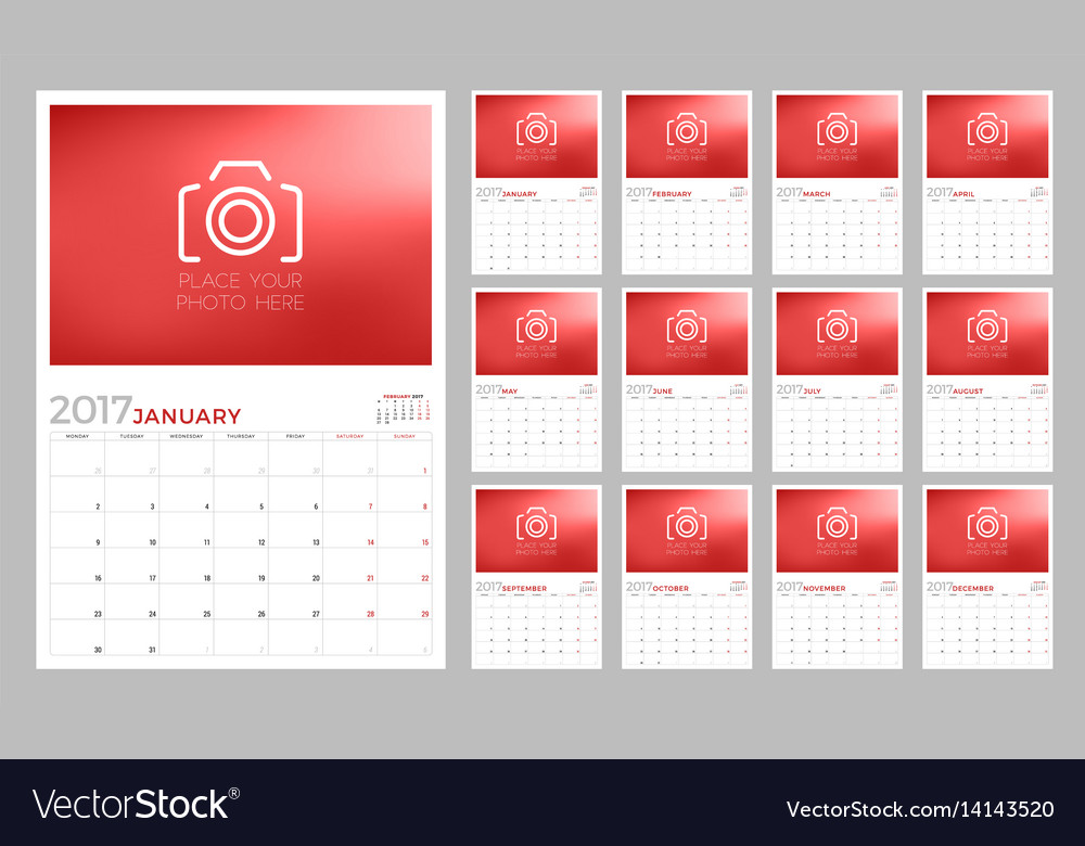 Wall calendar planner template for 2017 year week
