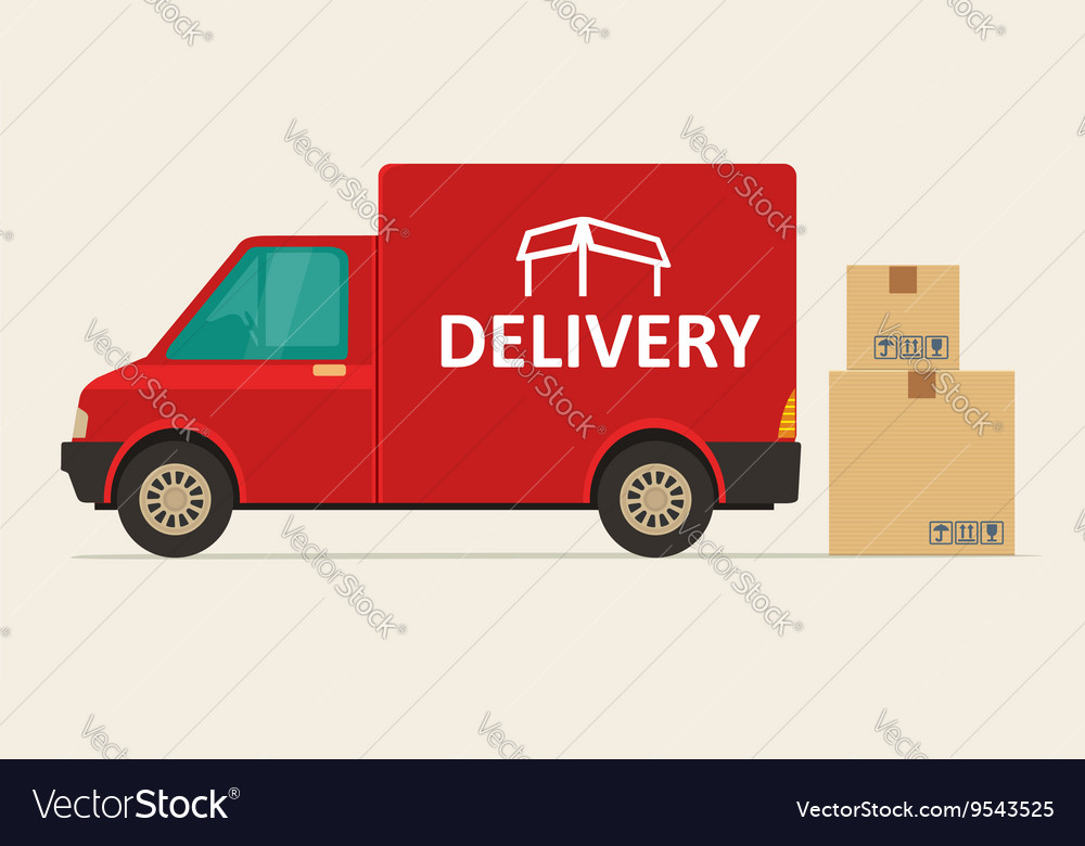 Red delivery van with shadow and cardboard boxes Vector Image