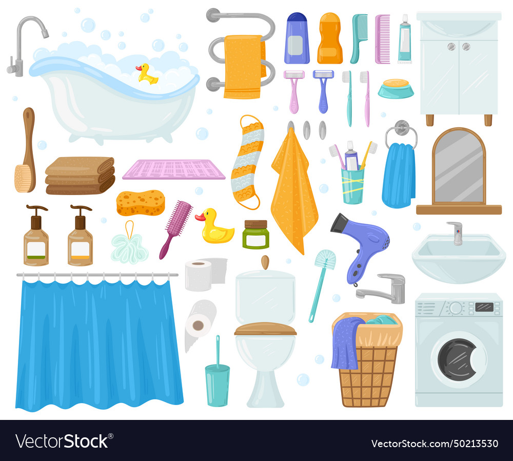 Cartoon bathroom elements bathtub sink shower Vector Image