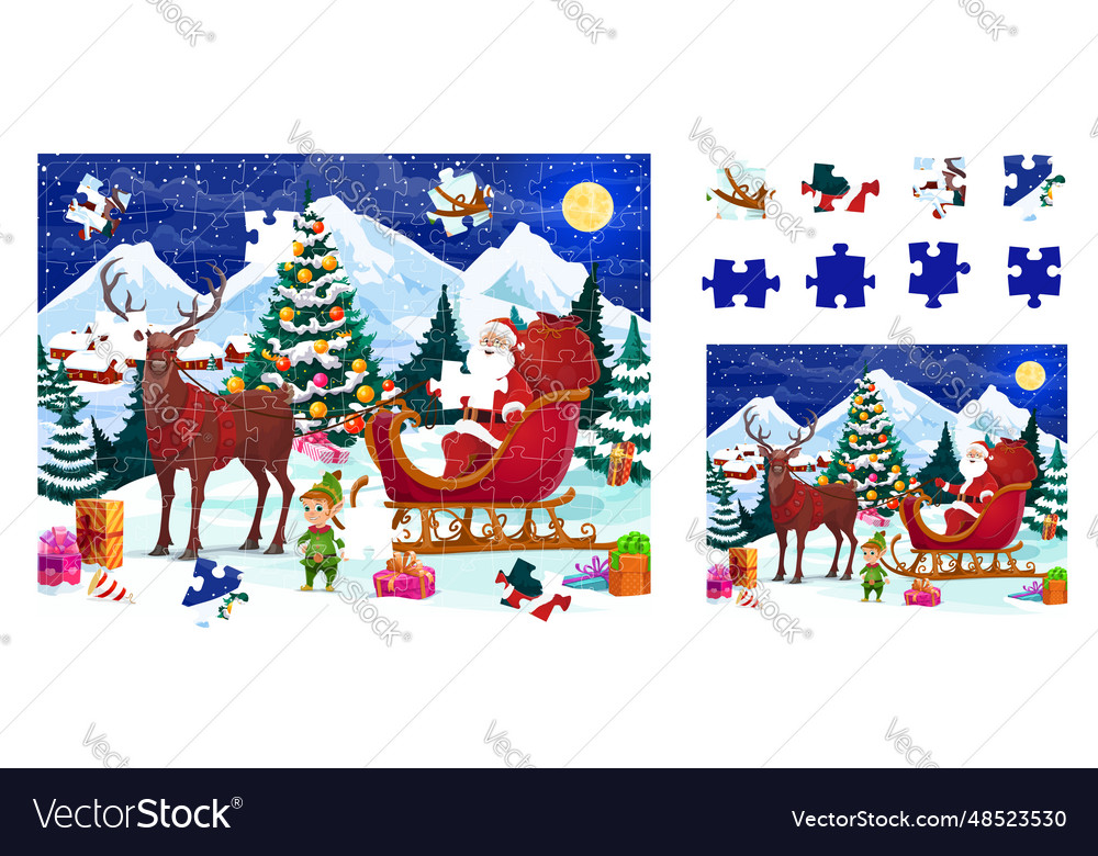 Christmas jigsaw puzzle game with santa in sleigh Vector Image