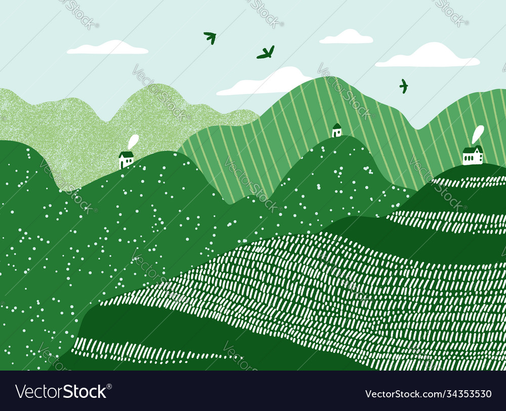 Green hills with tiny white houses landscape vector image Green hills with tiny white houses landscape