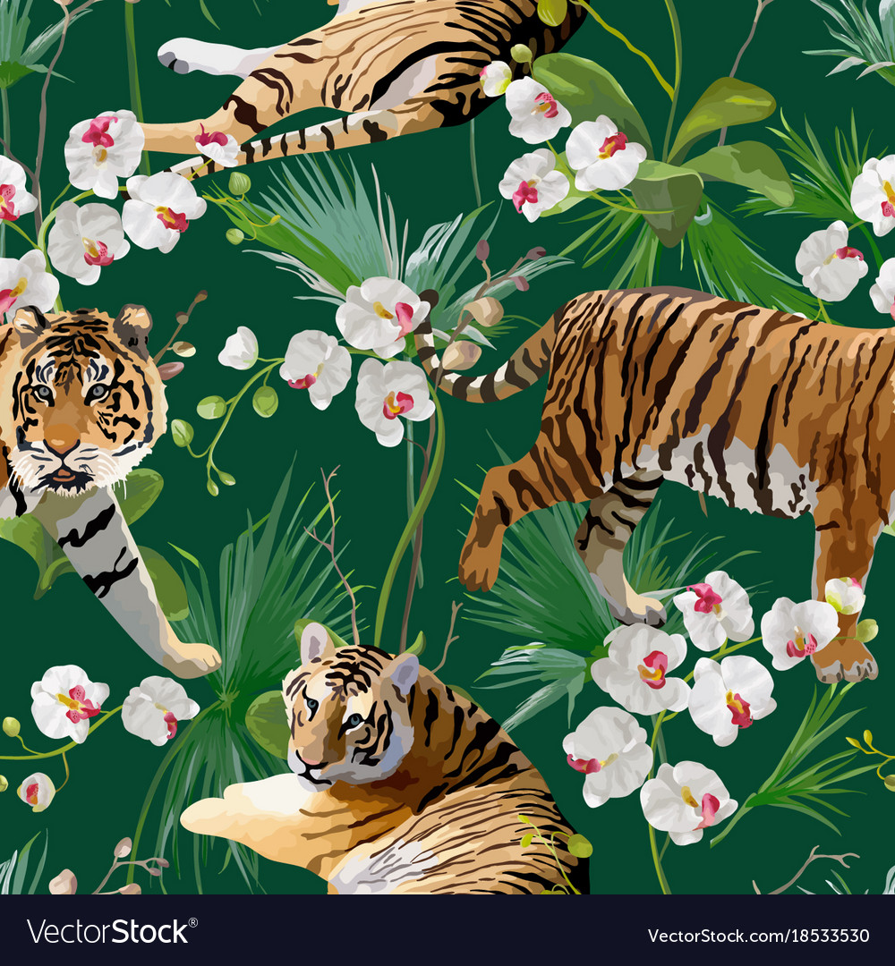 Tigers flowers and palm leaves background Vector Image
