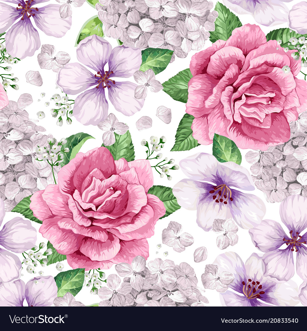 Apple tree roses hydrangea flowers petals vector image Apple tree roses hydrangea flowers petals