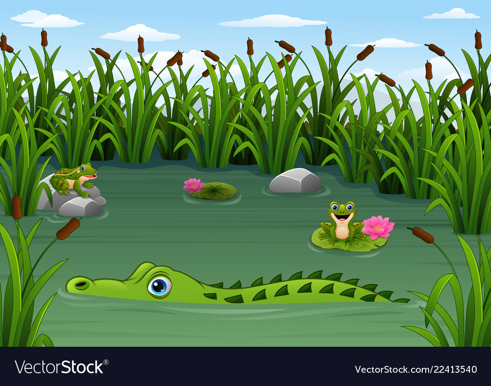 Cartoon alligator and frogs in the pond Royalty Free Vector Cartoon alligator and frogs in the pond Royalty Free Vector