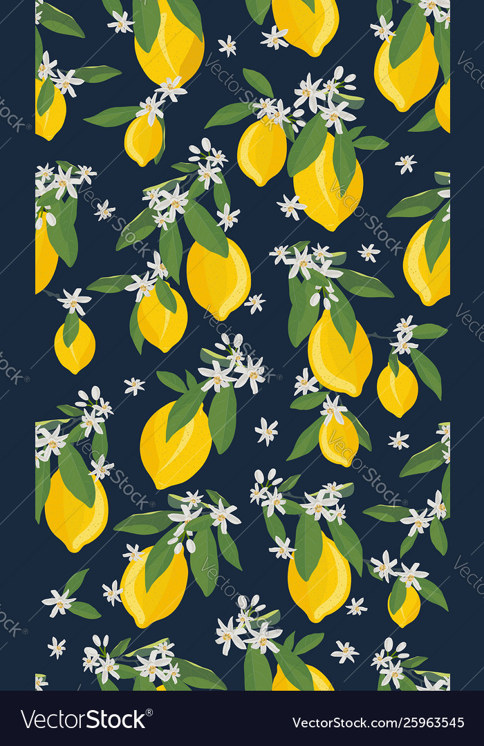 Lemon fruits seamless pattern with flowers