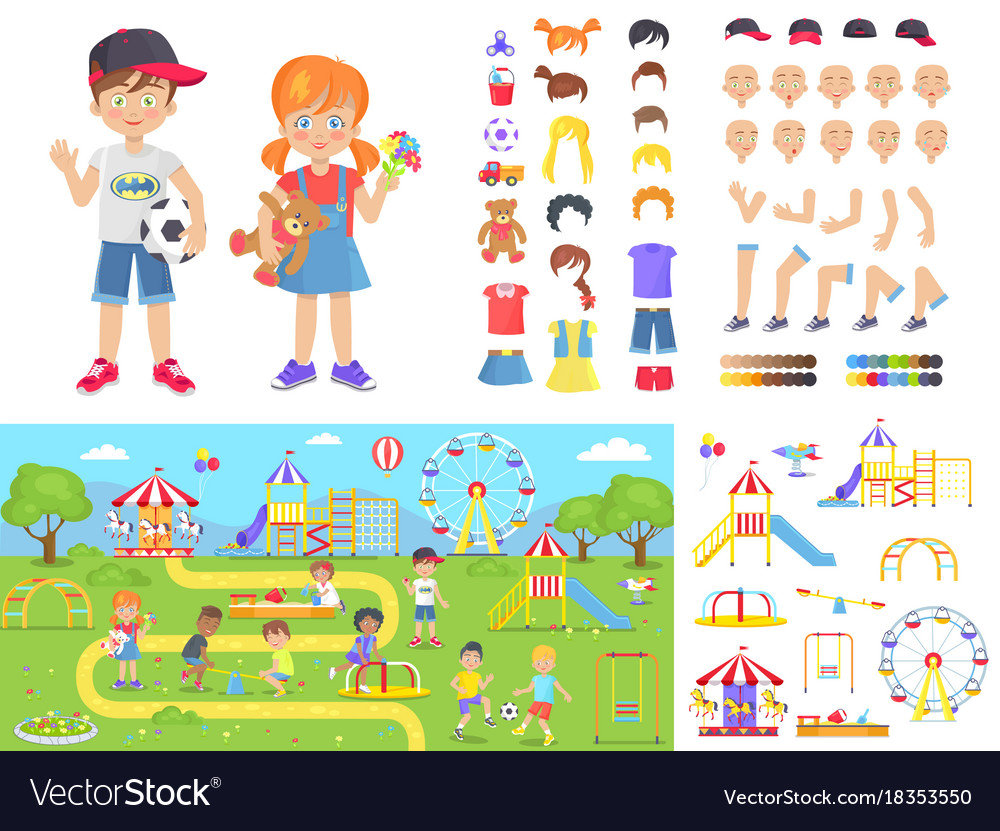 Little children and summer playground constructors