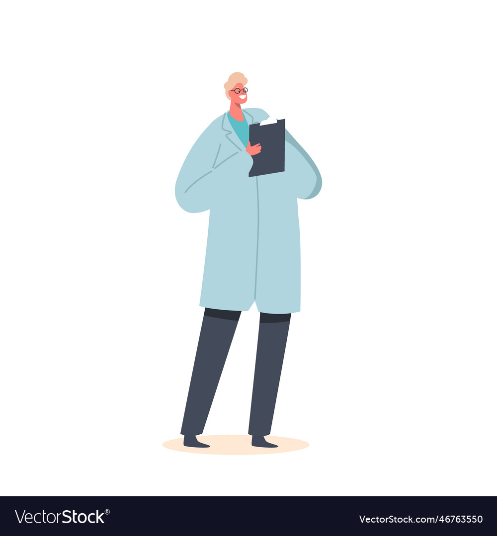 Male character in medical robe holding a clipboard