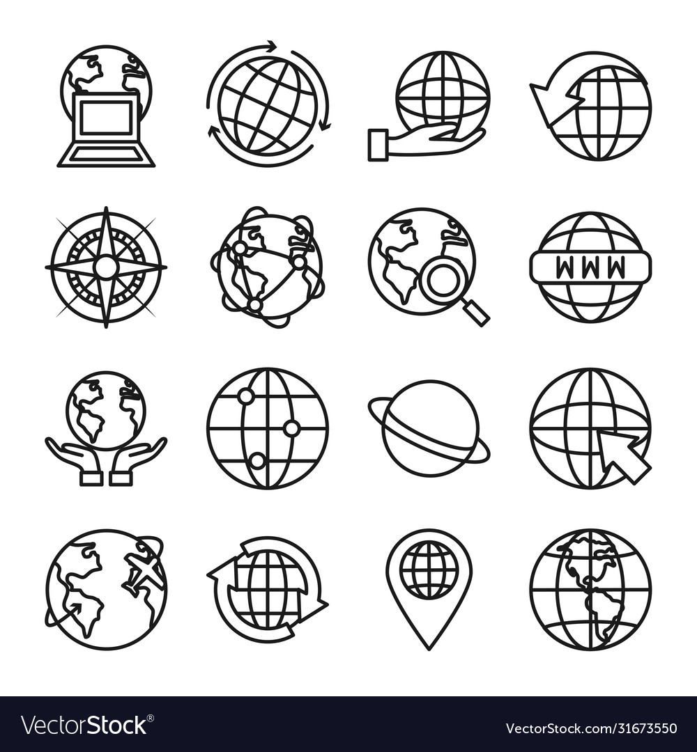 Saturn planet and global sphere icon set line