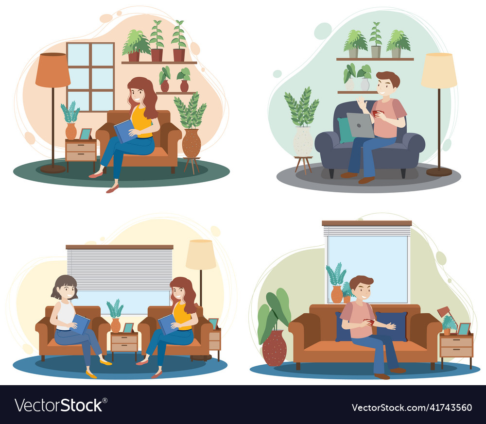 Four scenes of people working at home