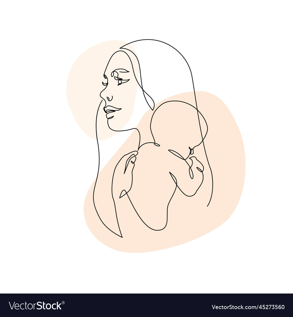 Woman holding baby minimal one line art mother