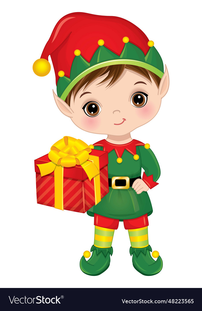 Cartoon cute little elf boy with gift box Vector Image