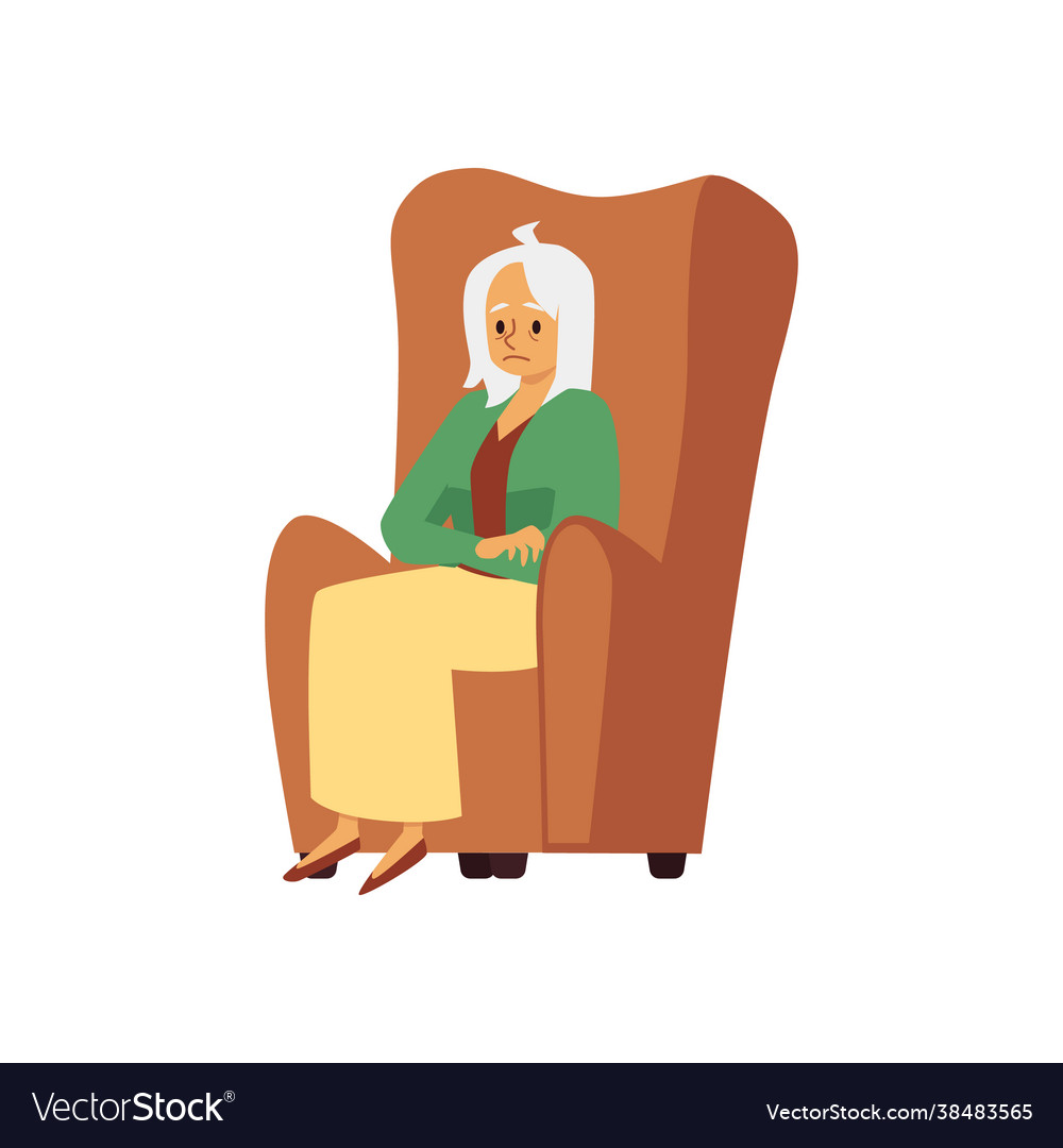 Tired sad aged woman sit in armchair a flat