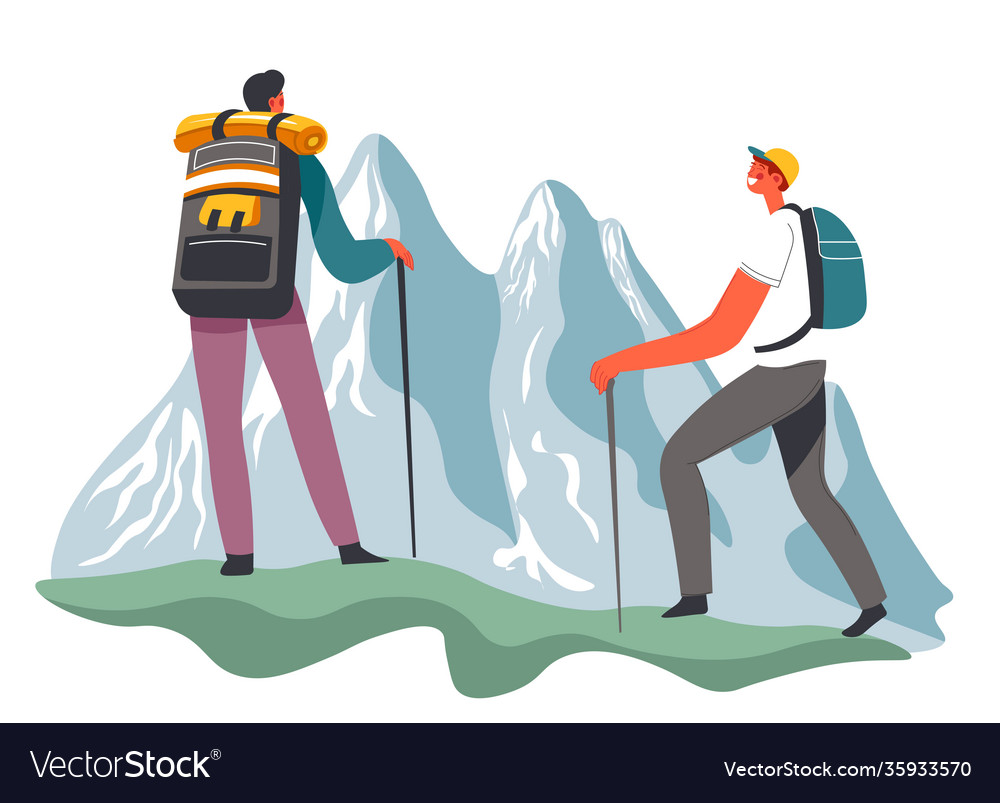 Hiking and traveling with backpacks in mountains Vector Image