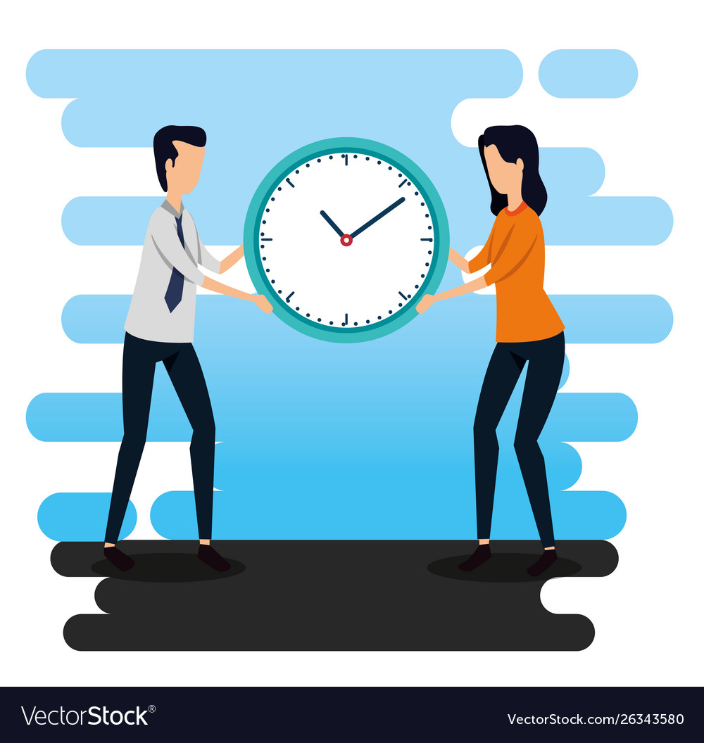 Businessman and businesswoman with clock teamwork Vector Image