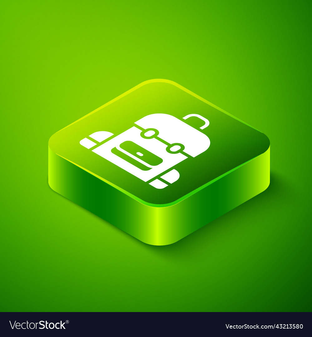 Isometric school backpack icon isolated on green