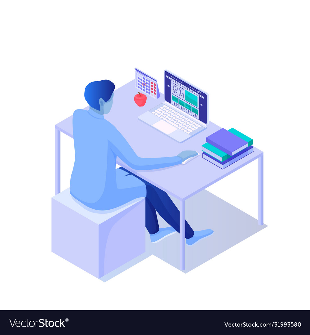 Man sitting at desktop with laptop isometric