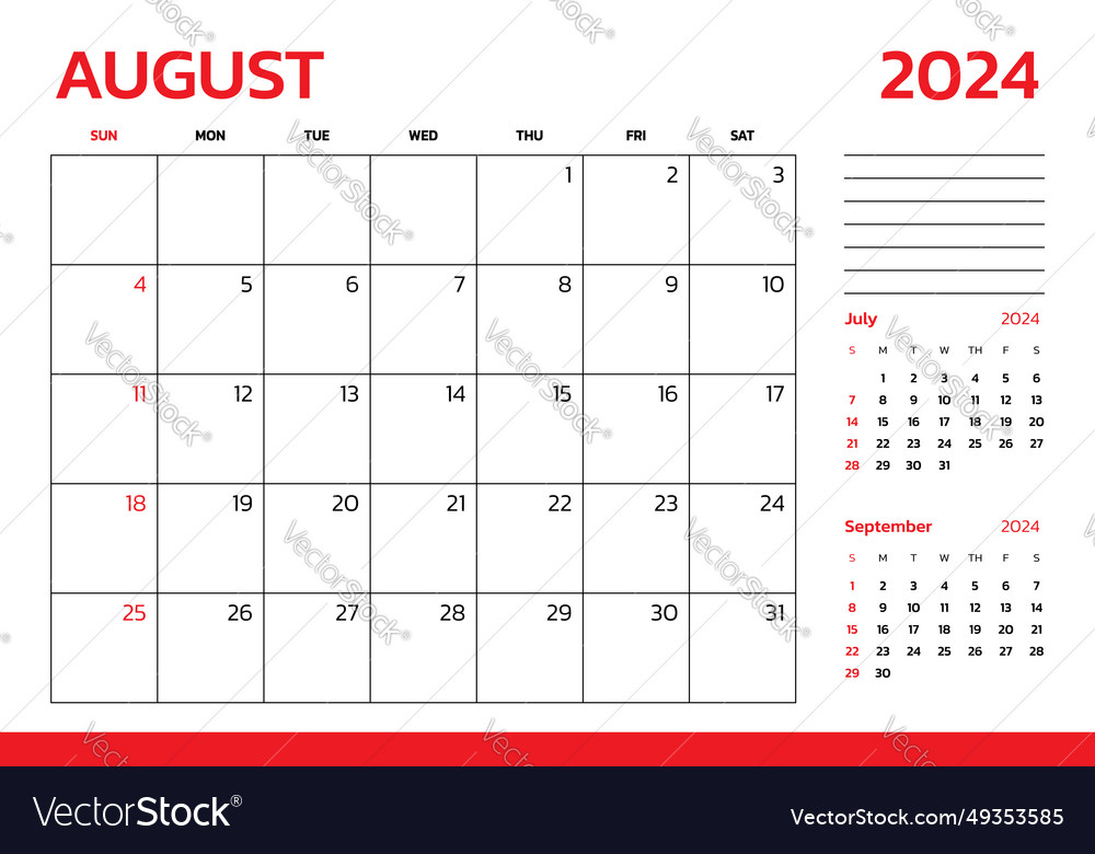 August 2024 calendar week start on sunday desk Vector Image