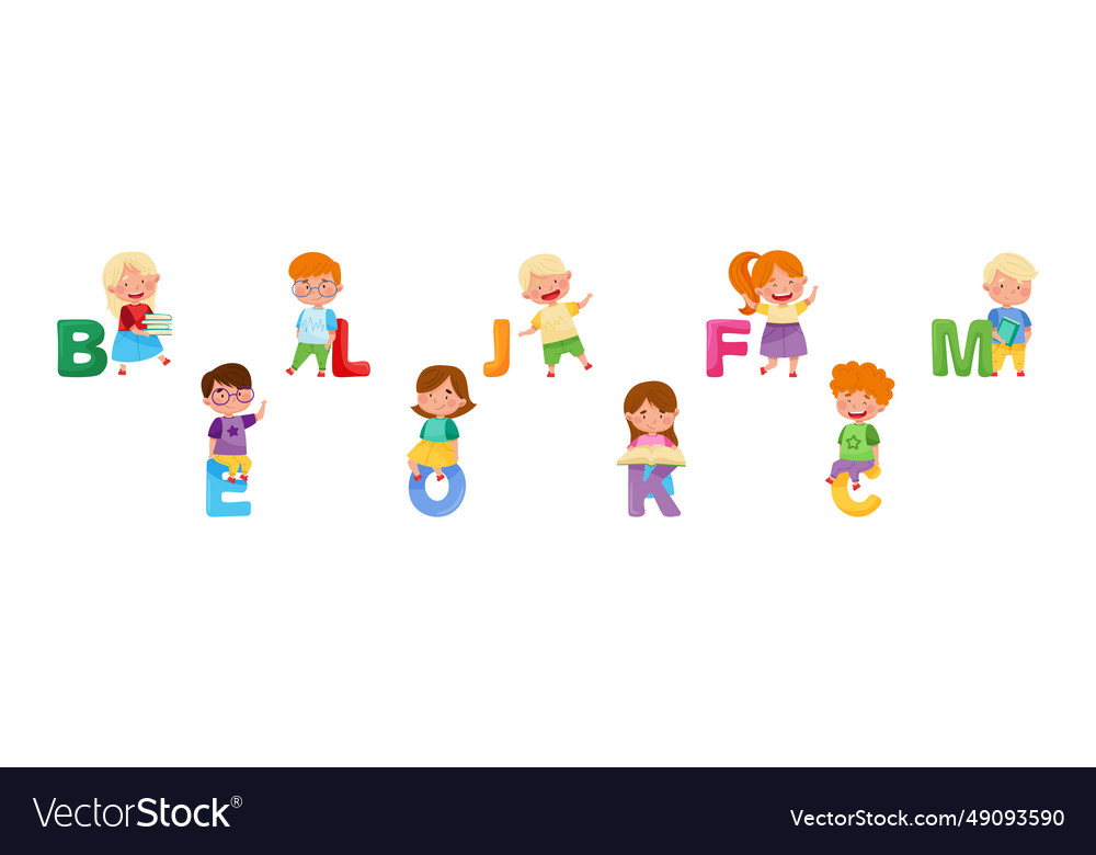 Cheerful kids and big alphabet letters set Vector Image