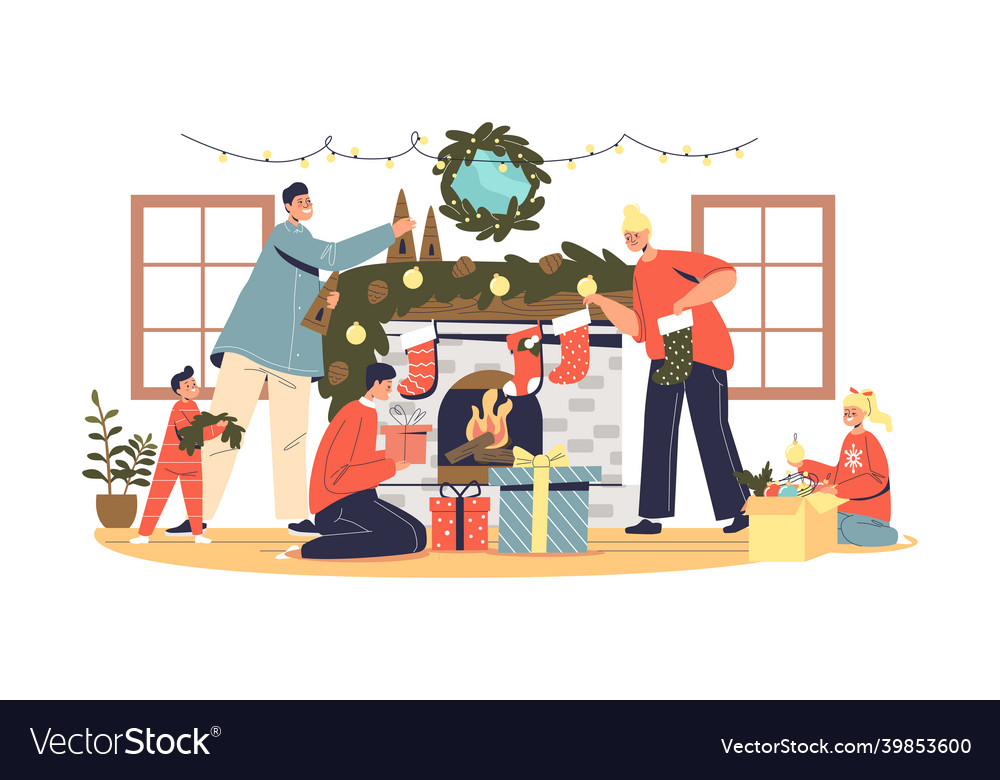 Happy family decorating living room for christmas Vector Image