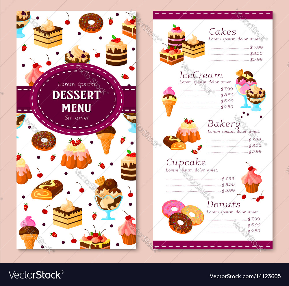 Menu template for bakery desserts cakes Royalty Free Vector