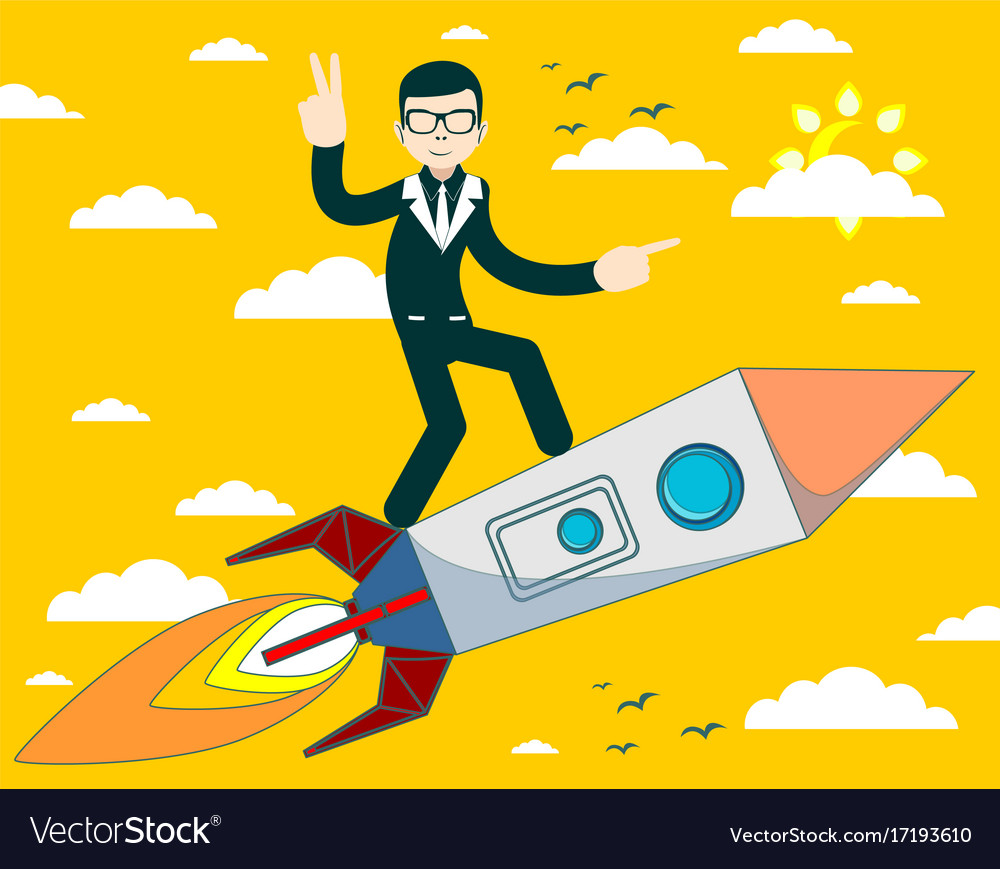 Businessman Flying On A Rocket Sky Background Vector Image