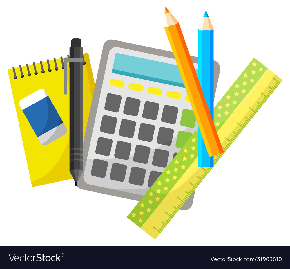 Calculator and notebook with pencil and pen set Vector Image