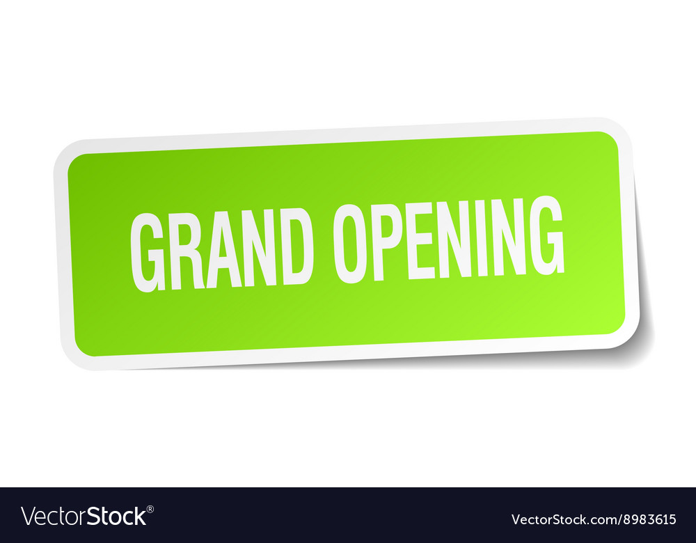 Grand opening green square sticker on white