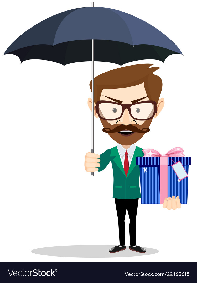 Young Man Holding A Gift For You Under An Umbrella Young Man Holding A Gift For You Under An Umbrella Vector Image