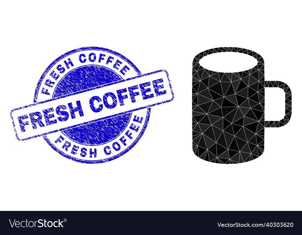 Grunge fresh coffee round badge and cup polygonal Vector Image