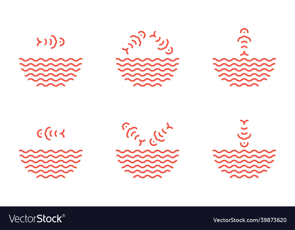 Poke bowl logos set in linear style fish jumping