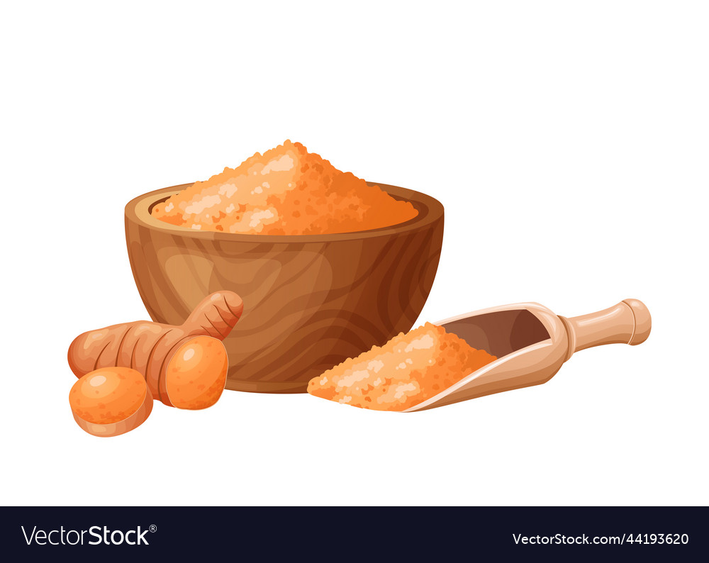 Tumeric Flour In Wooden Bowl With Seeds Healthy Vector Image