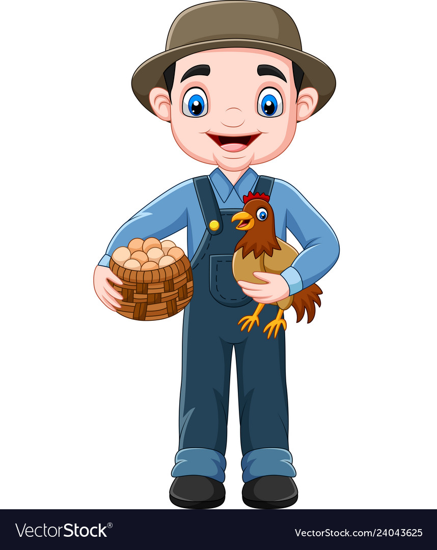 Cartoon farmer holding chicken and a basket egg Vector Image