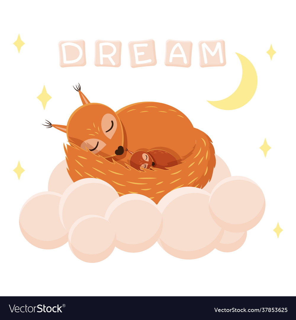 Cute squirrel family sleeping on cloud kawaii