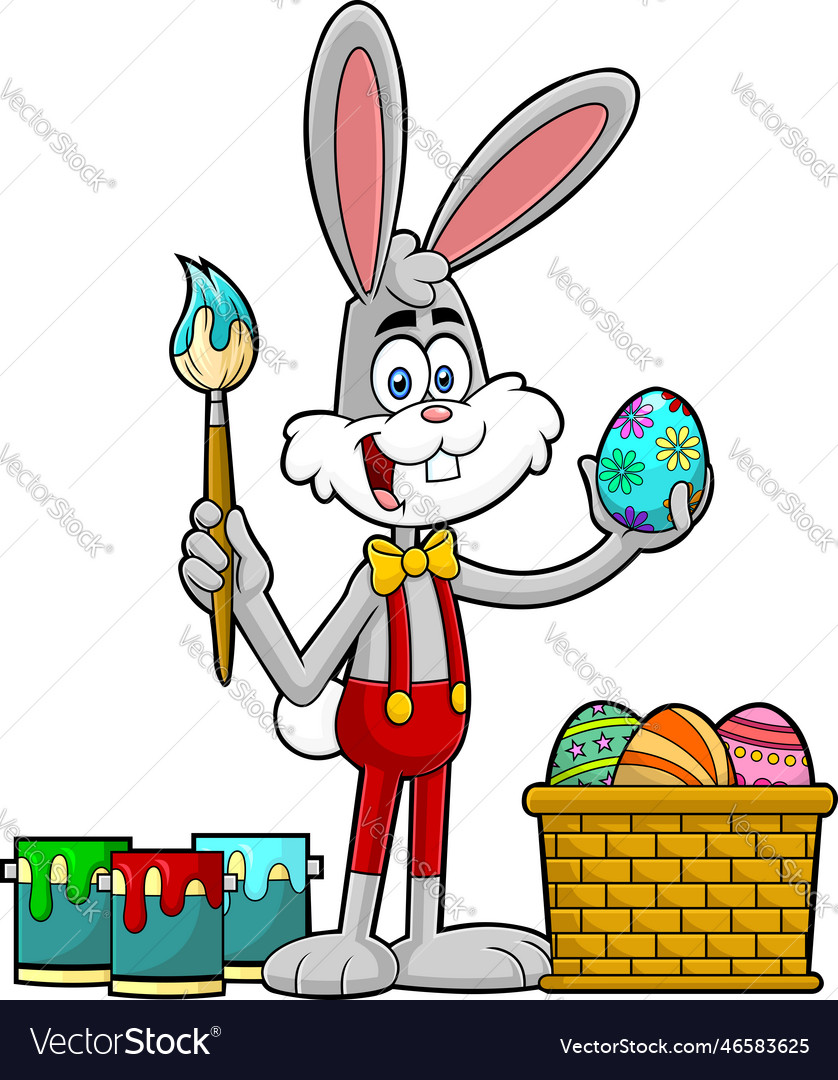 Happy rabbit character painting easter eggs