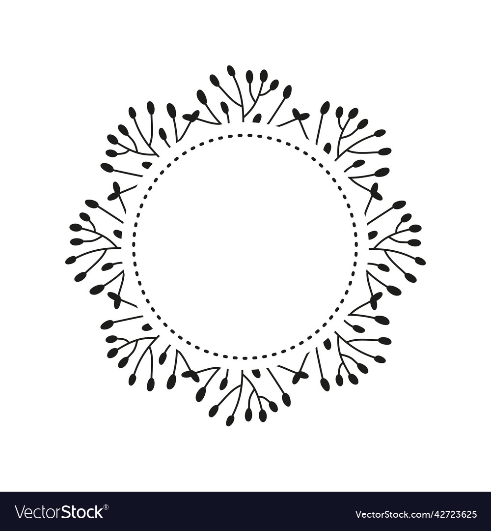 Round wreath with doodle black leafy twigs