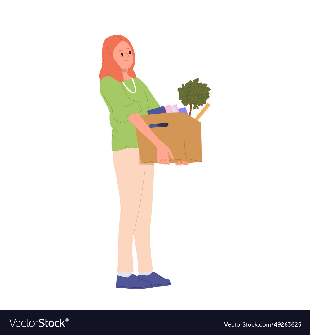 Young woman cartoon character holding heavy box