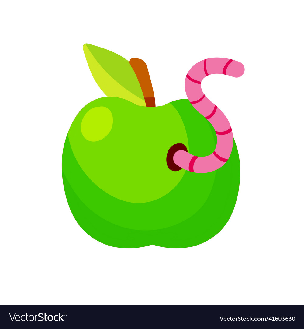 Green apple fruit with a worm flat cartoon Vector Image