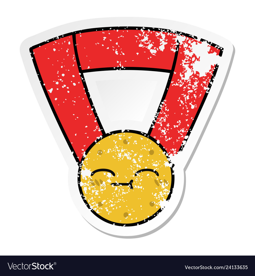 Distressed sticker of a cute cartoon gold medal