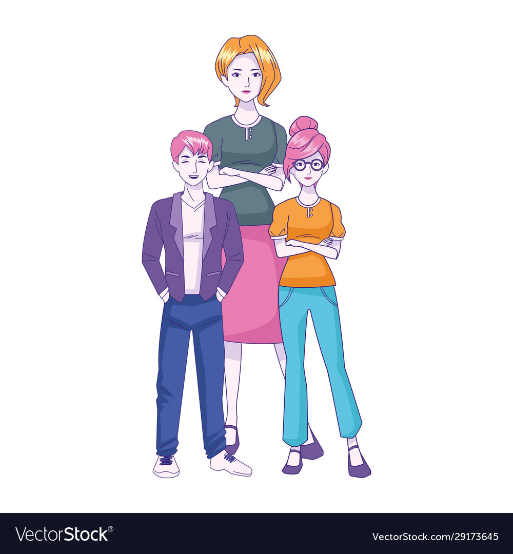 Cartoon woman with teenger boy and girl