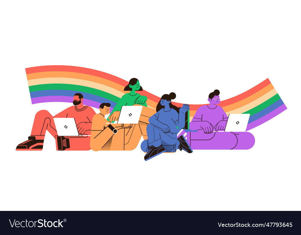 Colorful people with lgbt rainbow flag using