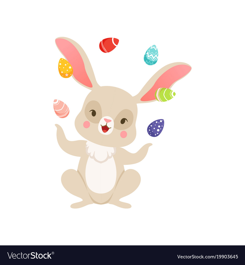 Cute cartoon bunny juggling with colored eggs Vector Image