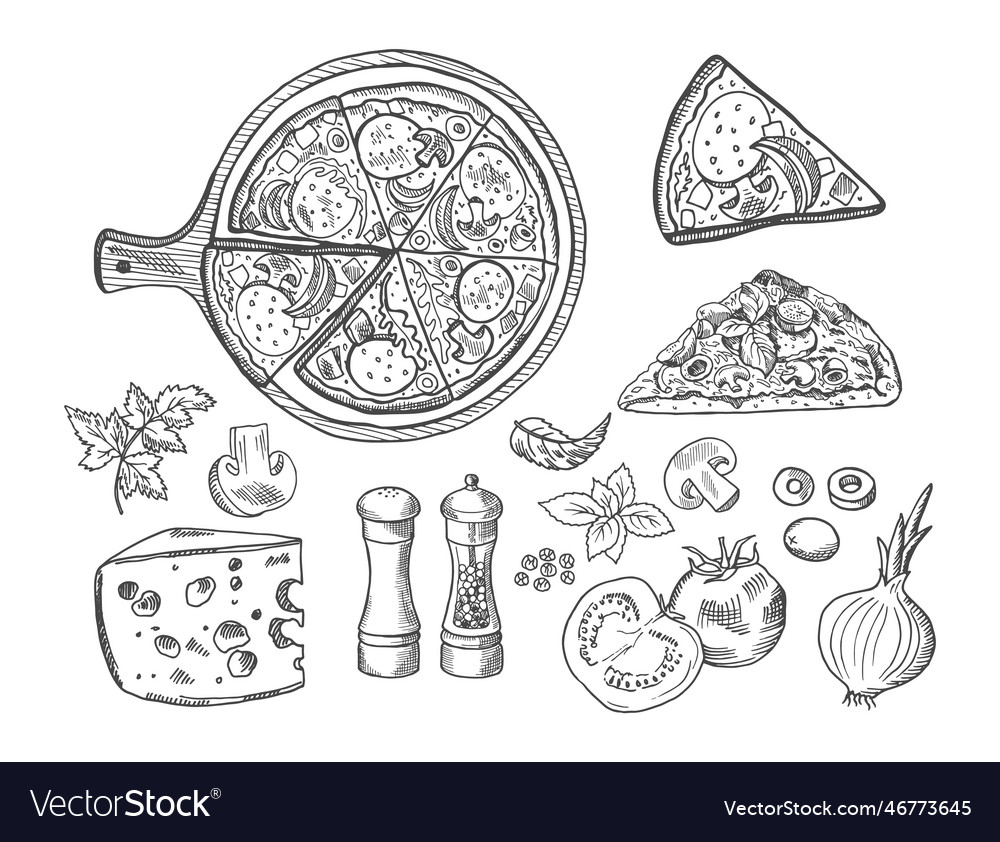 Doodle pizza. Italian food outline sketch, pepperoni mushrooms