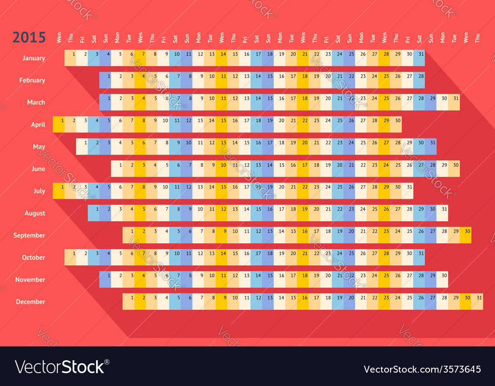 Red flat linear calendar 2015 with long shadow