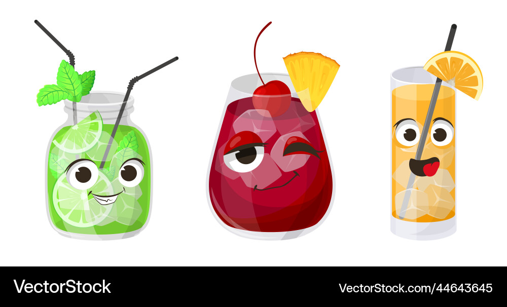 Tropical fruit cocktail cartoon face set Vector Image