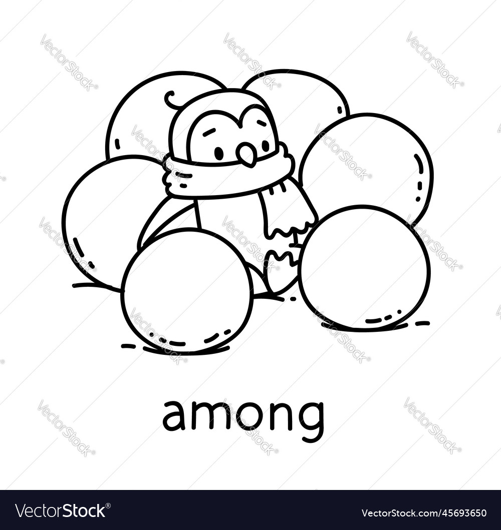 Prepositions penguin sitting among snowballs