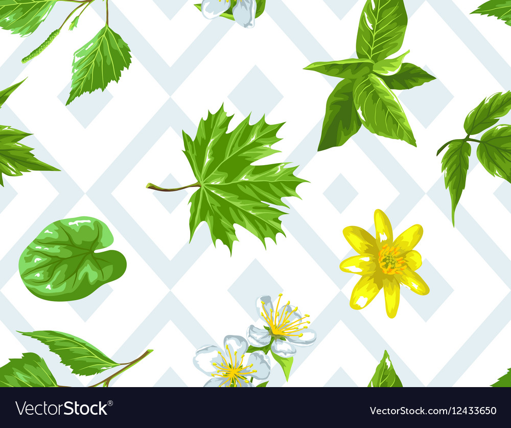 Spring green leaves and flowers seamless pattern