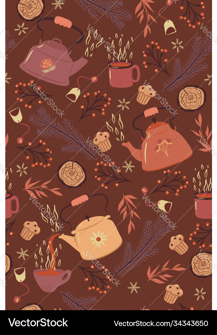 Winter tea seamless pattern with teapots and mugs Vector Image