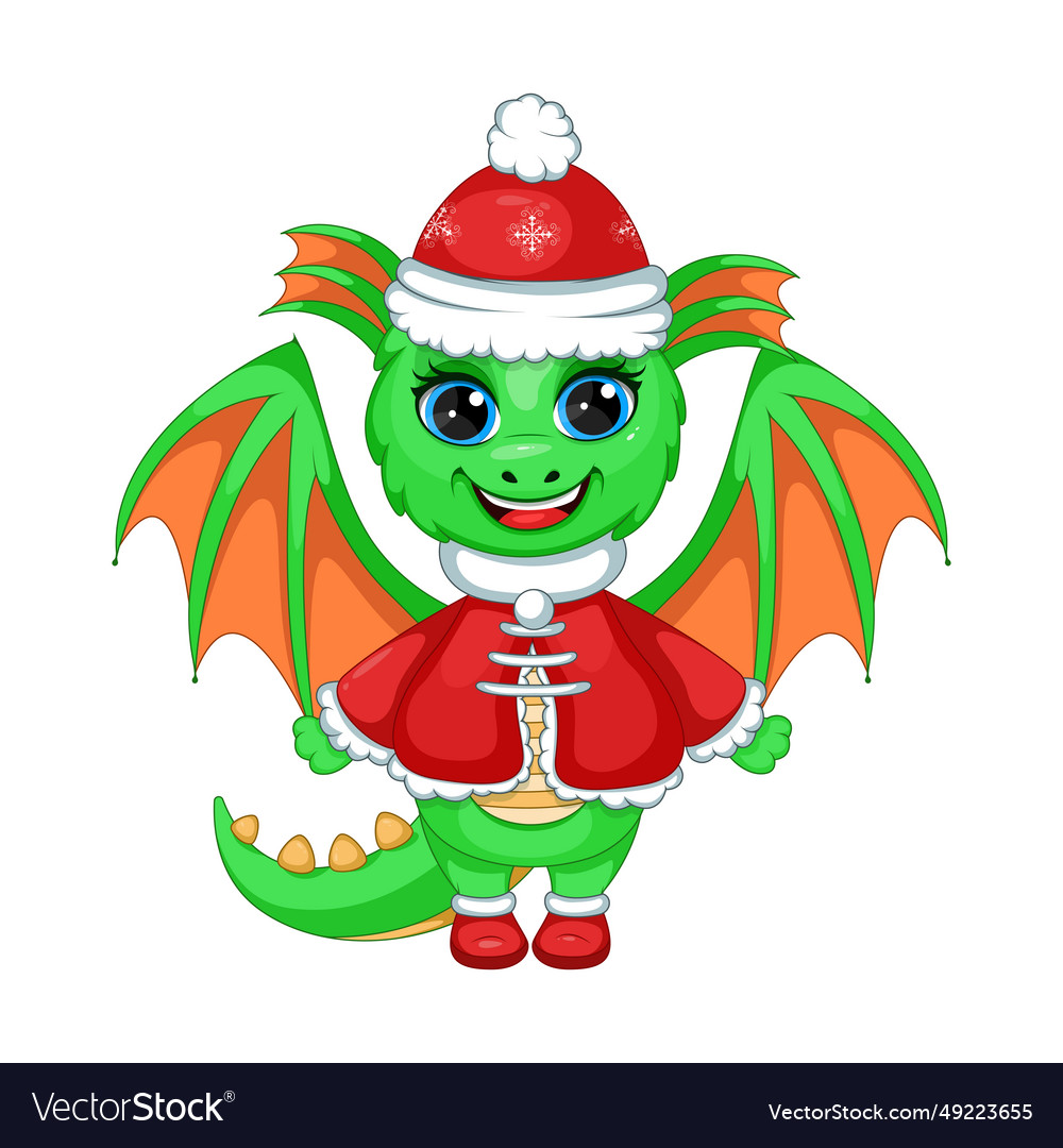 Cartoon green dragon in christmas hat