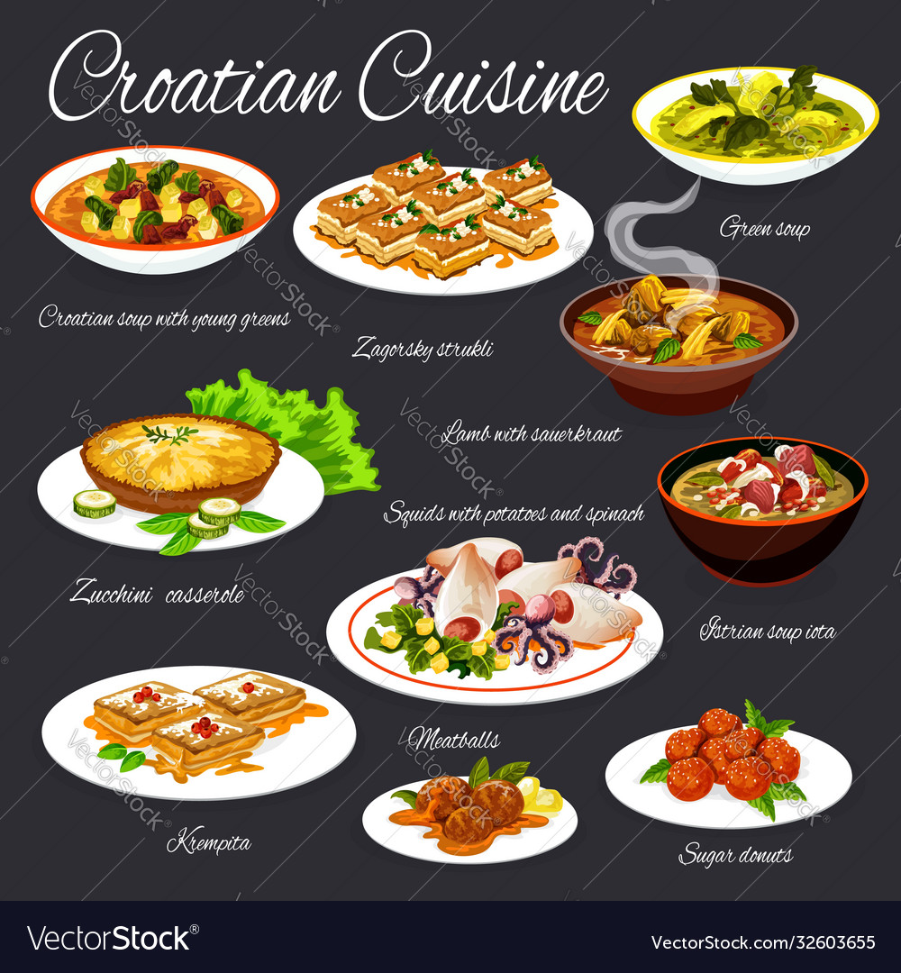 Croatian cuisine seafood vegetable meat dishes Vector Image